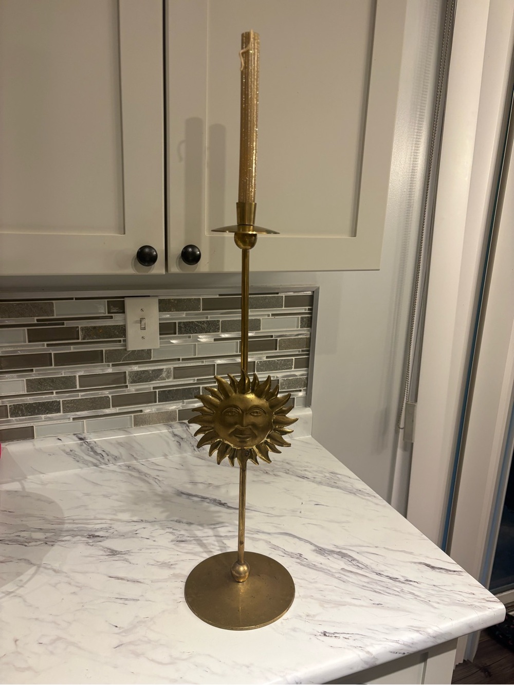 Vintage brass Sun celestial candle stick holder tall